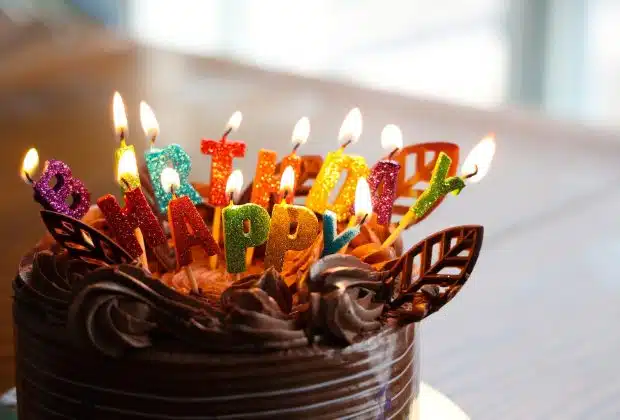 chocolate cake with happy birthday candles